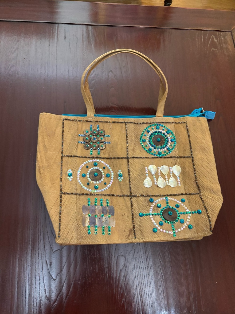 NWT Handcrafted "Buddha Bag" Woven Raffia Tote with Shell & Bead Details